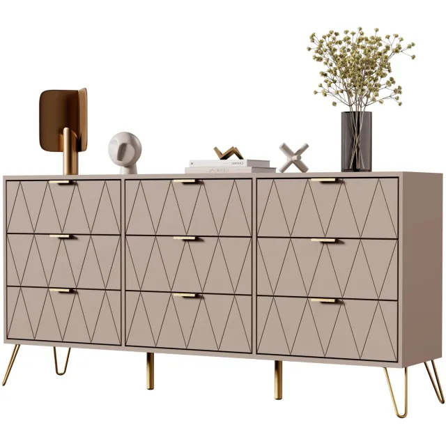 UEV Commode met 9 lades, 150x34x74cm, Modern dressoir, tv-meubel, opbergkast, ladekast voor woonkamer, slaapkamer, hal (Moka)