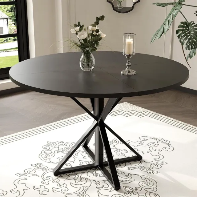 HOERFURIY Zwarte Ronde Eettafel - Ø 120 cm - Geschikt voor 4 Personen - Robuuste K-Vormige Metalen Poot - Landelijk & Industrieel (Exclusief Stoelen)