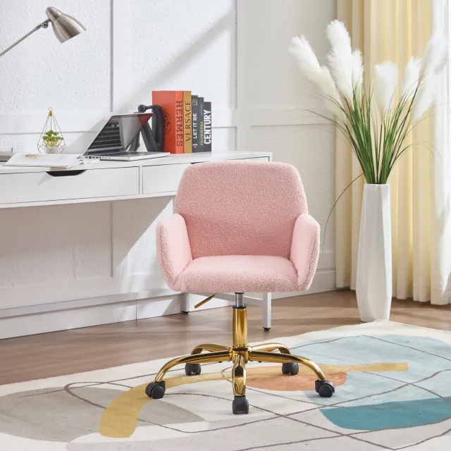 Wishdor Bureaustoel - Zachte bekleding van kunstbont - In hoogte verstelbaar en 360° draaibaar - Vaste armleuningen en wielen - Voor thuiskantoor en kaptafel - Lichtroze - 59 x 46 x 79 cm