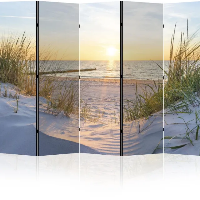 Famanu Tweezijdige roomdivider met 5 panelen, kamerverdeler voor binnen, scheidingswand en vouwscherm, strandmotief, 225 x 172 cm Zwart