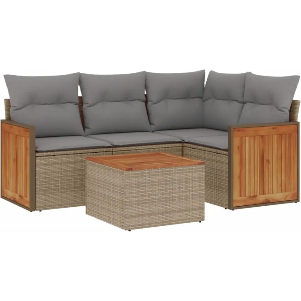 vidaXL 5-delige Loungeset met kussens poly rattan beige, foto 3