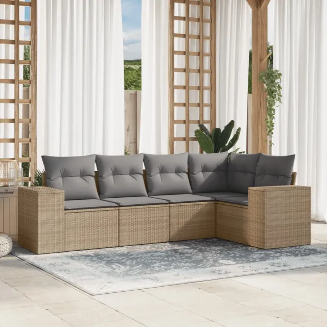 vidaXL 5-delige Loungeset met kussens poly rattan beige, foto 2