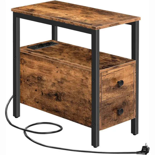 Trankielo Bijzettafel met Laadstation – Donkerbruin Nachtkastje met 2 Laden – Salontafel met USB en Stopcontact
