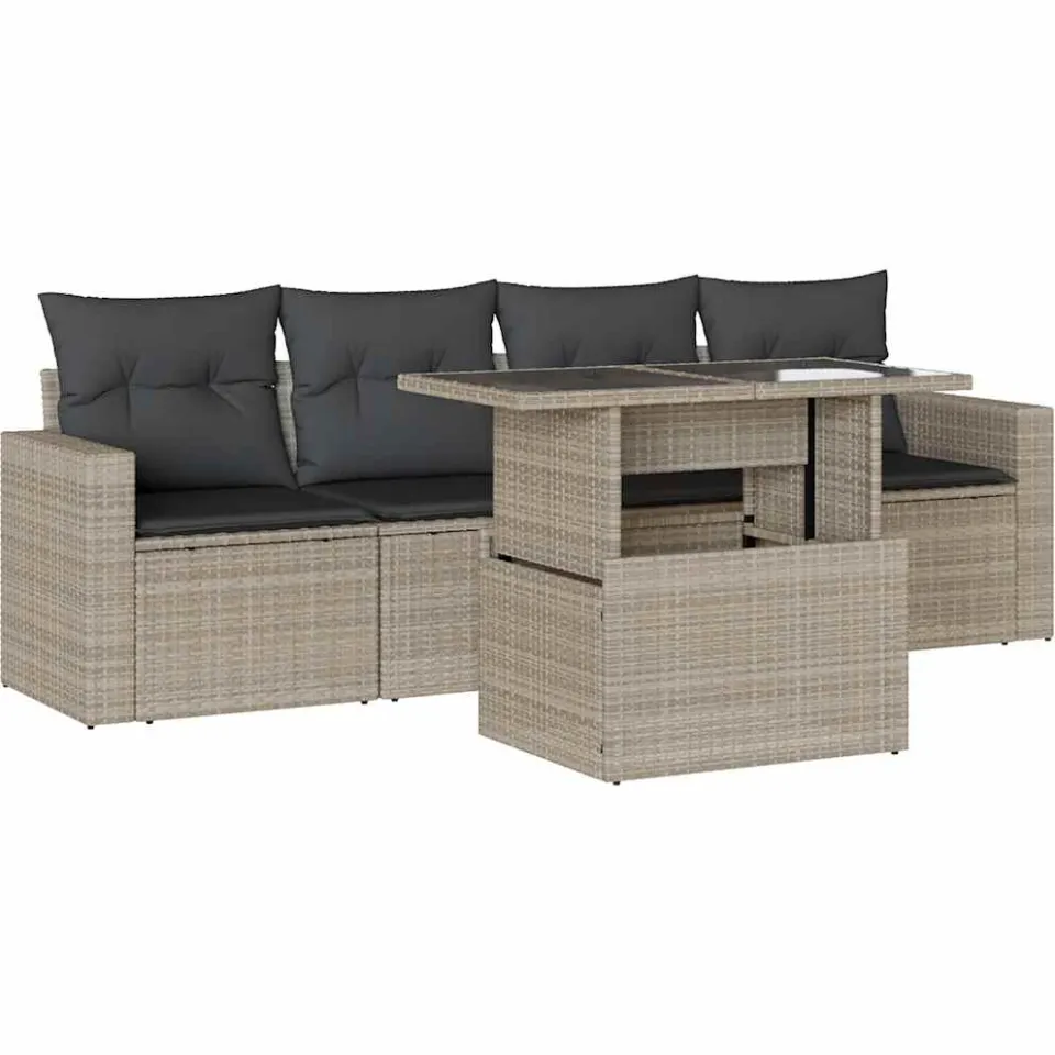 vidaXL 5-delige Loungeset met kussens poly rattan lichtgrijs grijs, foto 3