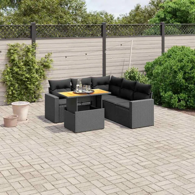 vidaXL 6-delige Loungeset met kussens poly rattan zwart, foto 2