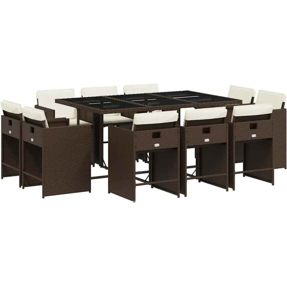 vidaXL 11-delige Tuinset met kussens poly rattan bruin
