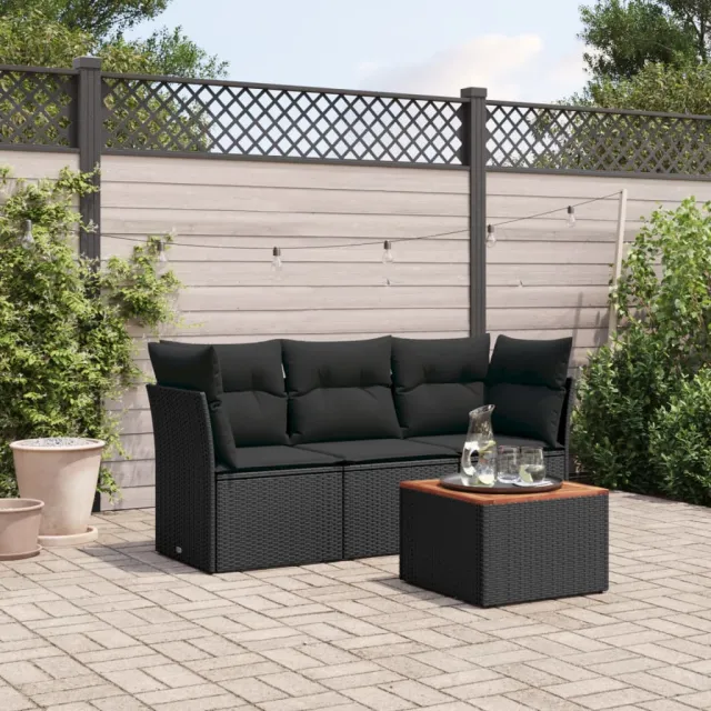vidaXL 4-delige Loungeset met kussens poly rattan zwart, foto 2