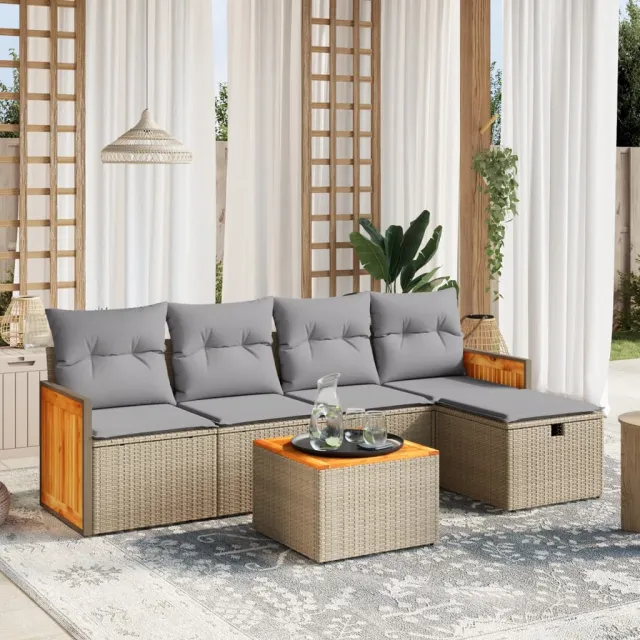 vidaXL 6-delige Loungeset met kussens poly rattan gemengd beige, foto 2