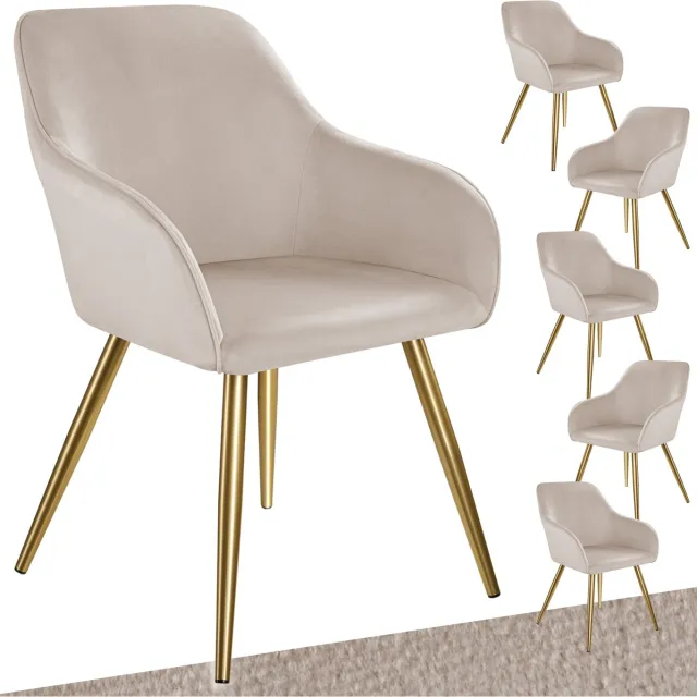 Tectake Eetkamerstoel Marilyn - Set van 6 Eetkamerstoelen met Armleuningen - Elegante Stoel met Gevoerde Zitting in Fluweellook - Gestoffeerd - Gouden metalen poten - Ergonomische Keukenstoel - Stoel voor Woonkamer, Eetkamer en Slaapkamer - Taupe taupe/goud