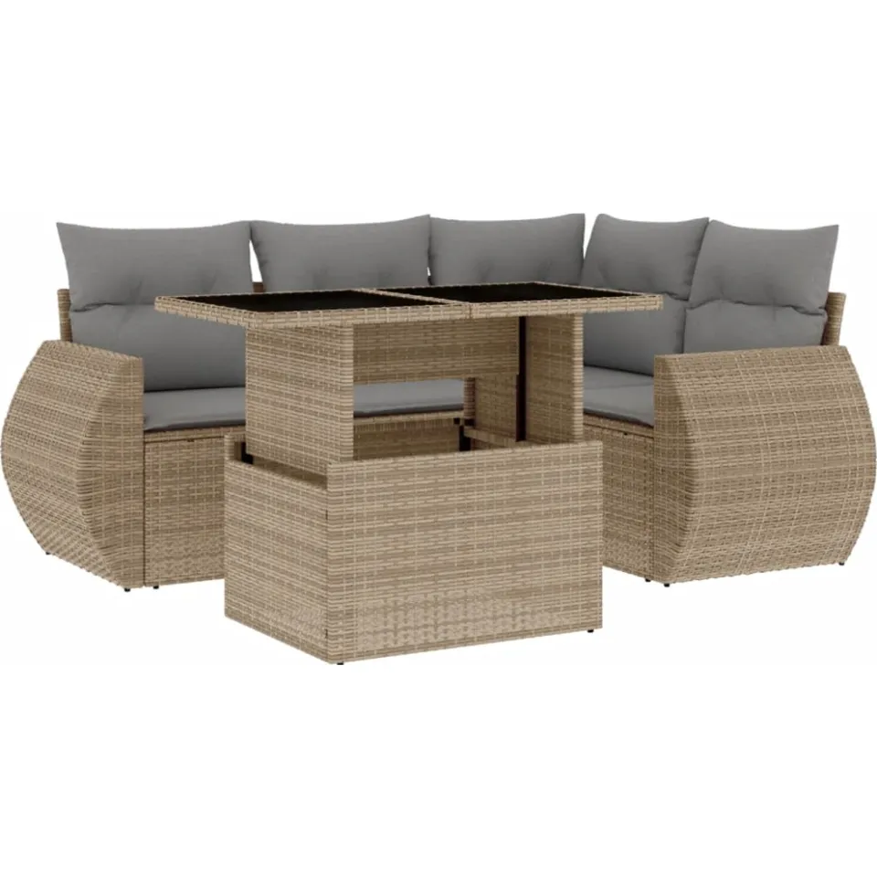 vidaXL 5-delige Loungeset met kussens poly rattan beige, foto 3