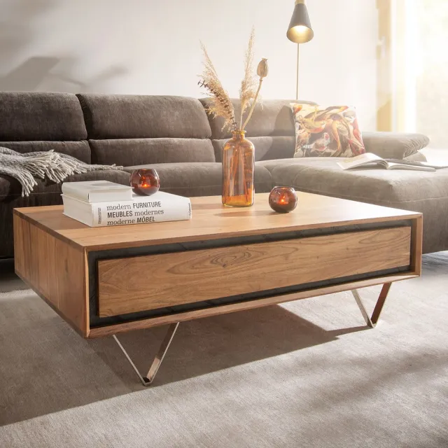 DELIFE Salontafel Stonegrace 115x60 acacia natuur 2 laden steen fineer V-poot Bruin