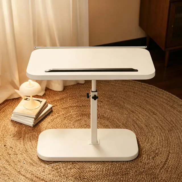 learnlogic C vormige tv dienbladtafel wit minimalistisch houten blad met witte frame voor de bank draaibaar en in hoogte verstelbaar geschikt voor eten en laptopgebruik in de woonkamer
