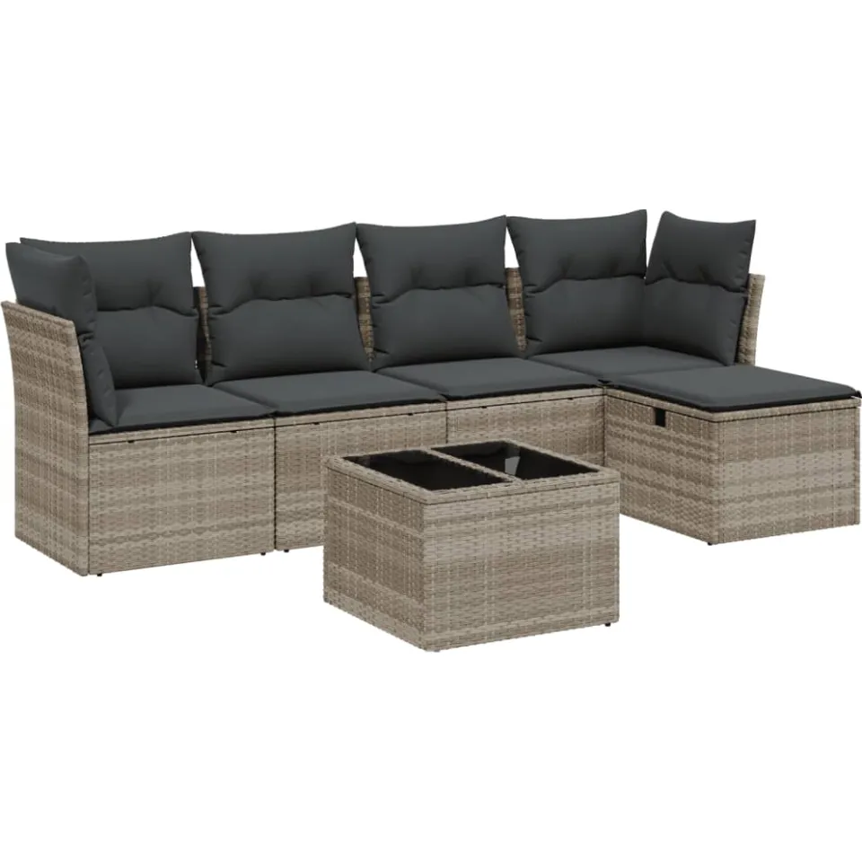 vidaXL 6-delige Loungeset met kussens poly rattan lichtgrijs grijs
