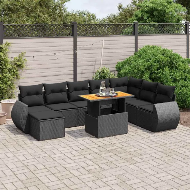 vidaXL 9-delige Loungeset met kussens poly rattan zwart, foto 2
