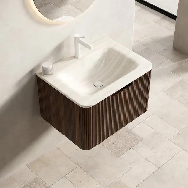 MIVRAY Badkamer Wastafelmeubel - Wandmontage Met Geïntegreerde Wastafel En Lade - Modern Voor Badkamer - Multiplex - 60 Cm - Beige Walnoot