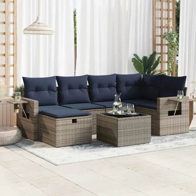 vidaXL 7-delige Loungeset met kussens poly rattan grijs, foto 2