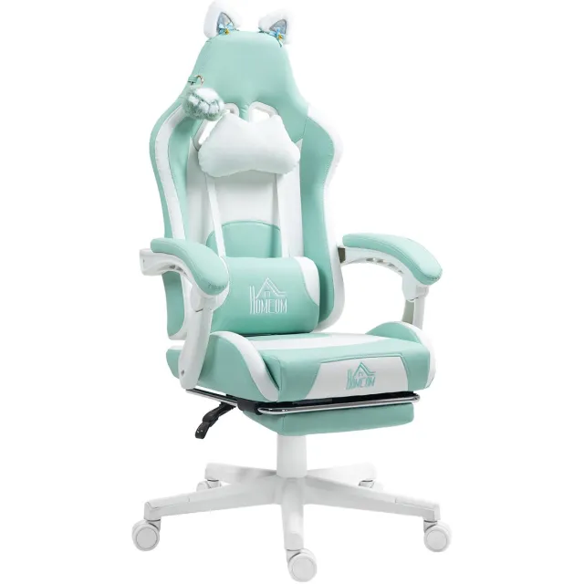Homcom Gamestoel met Voetensteun - Bureaustoel met Kattenoren - Verstelbare Gaming Chair - Lichtblauw met Wit Zeegroen