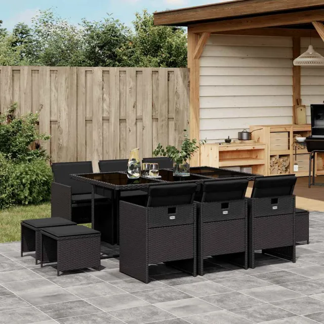 vidaXL 11-delige Tuinset met kussens poly rattan zwart