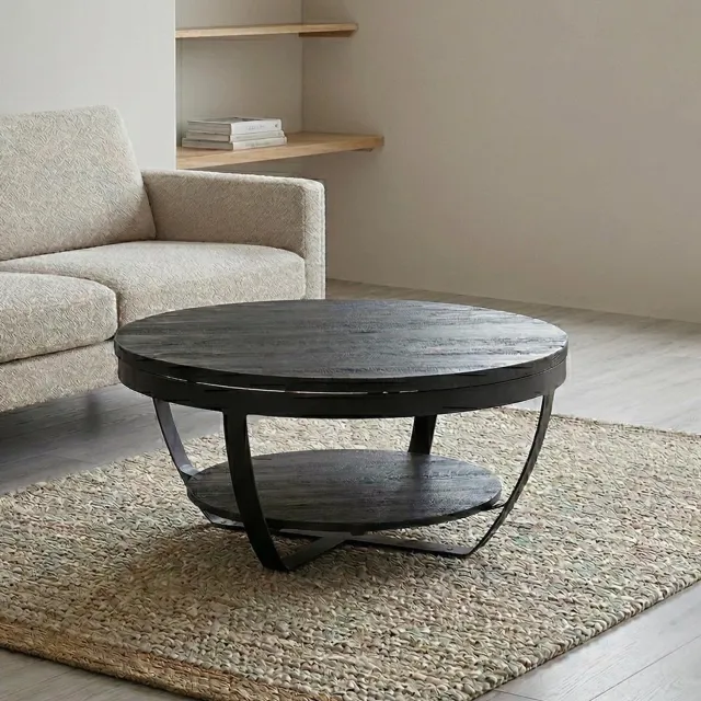 Mahom Mangohouten Salontafel Bakersfield Black 90 cm Mahom Industrieel - Kleine tafel van Mangohout & Metaal - Industriële Huiskamertafel Bruin