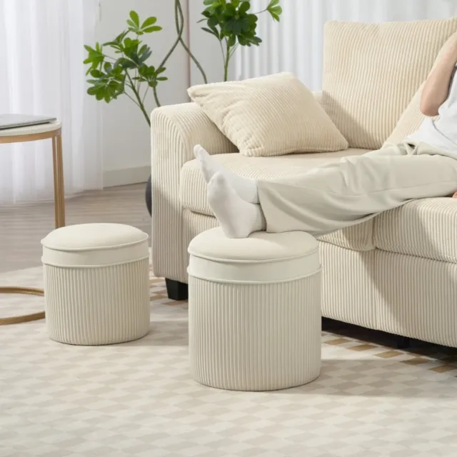 DESMIU Poef Set van 2 - Rond 36 x 36 x 41,5 cm - met Opbergruimte en Zachte Zitting - voor Woonkamer en Kaptafel - Polyester - Crèmewit