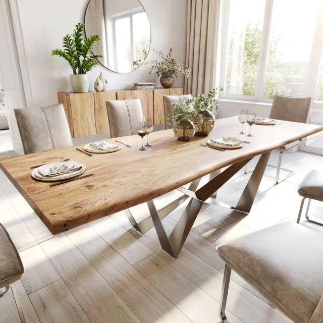 DELIFE Eettafel Edge acacia natuur 260x100 Spider vlak staal edelstaal Live-Edge eettafel Bruin