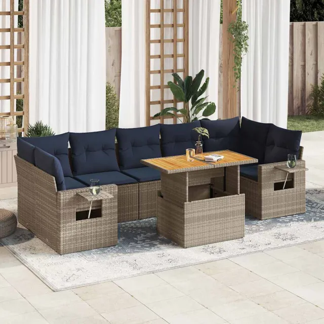 vidaXL 8-delige Loungeset met kussens poly rattan grijs