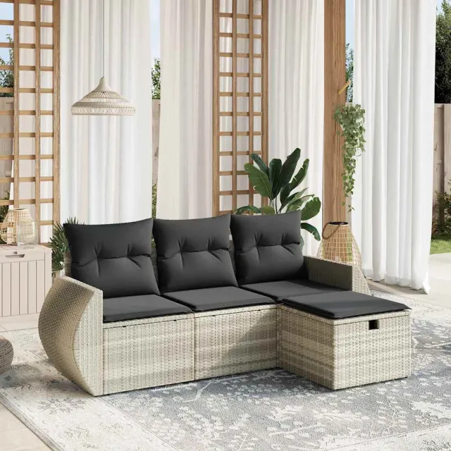 vidaXL 4-delige Loungeset met kussens poly rattan lichtgrijs grijs, foto 2