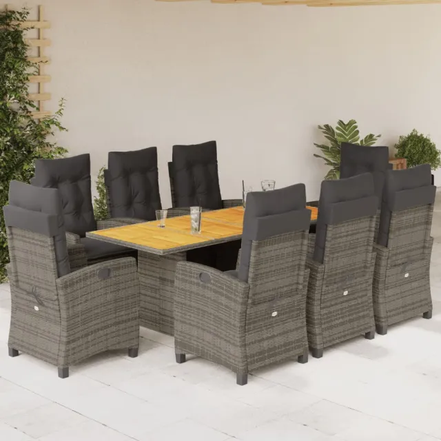 vidaXL 9-delige Tuinset met kussens poly rattan grijs