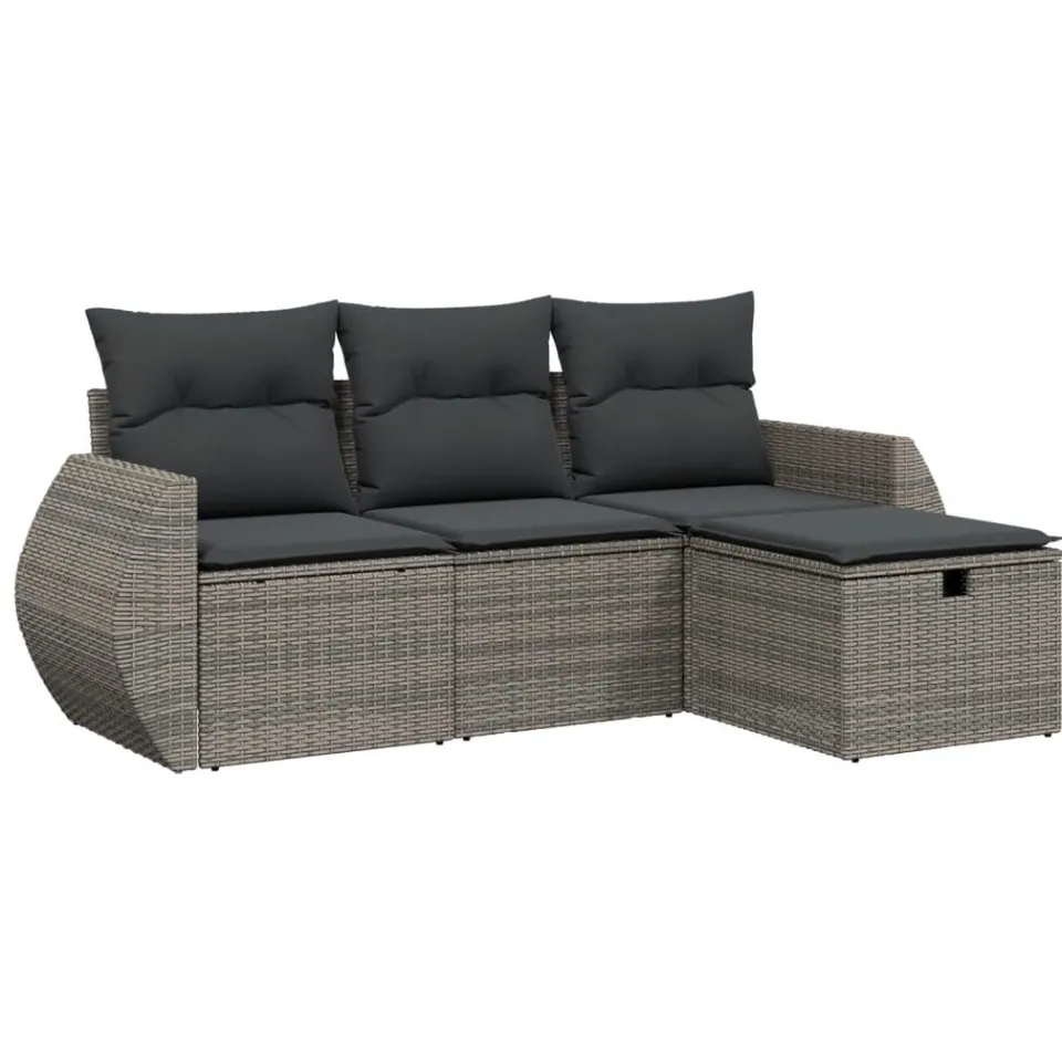 vidaXL 4-delige Loungeset met kussens poly rattan grijs, foto 3