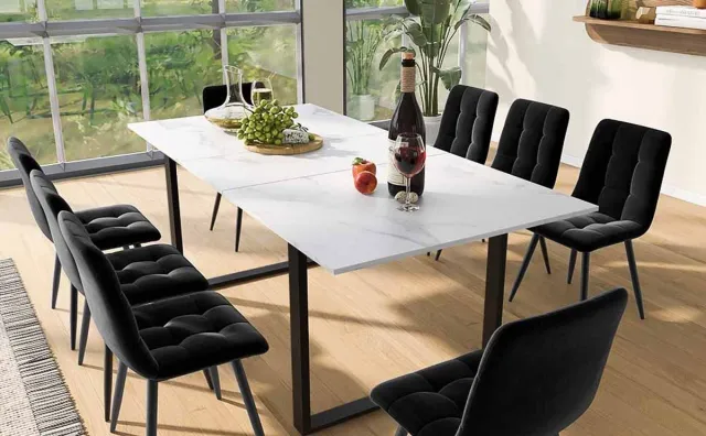 Wishdor Eettafel uitschuifbaar: 140–180x80x75 cm, MDF marmerlook blad, wit, metalen onderstel, verstelbare voeten