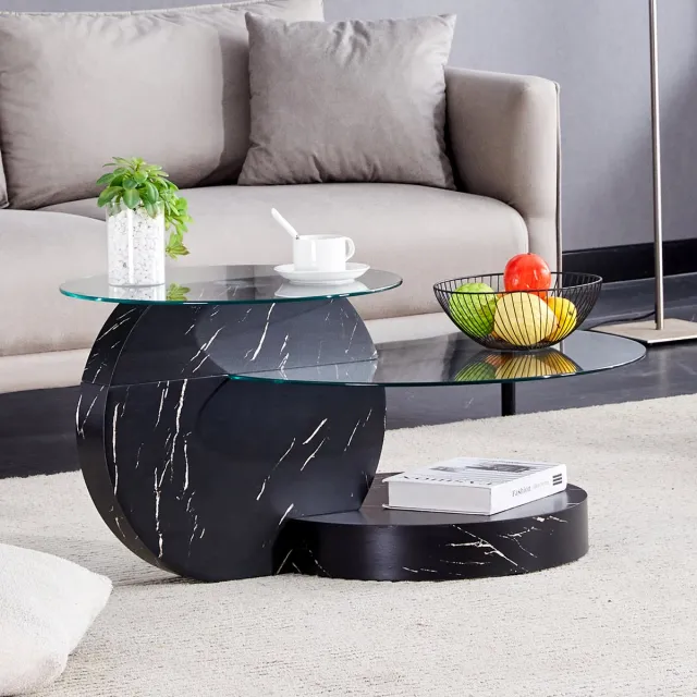 intebiki Moderne, minimalistische salontafel van gehard glas, met een meerlaags ontwerp, een hoogwaardig MDF-onderstel en zwarte, gestructureerde stickers. Verkrijgbaar in vele kleuren. Zwart, transparant