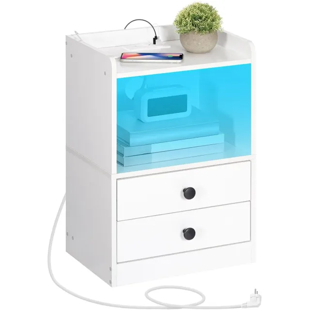 Trankielo Nachtkastje met LED-verlichting en laadstation – Moderne en stijlvolle bijzettafel met opbergruimte – Wit