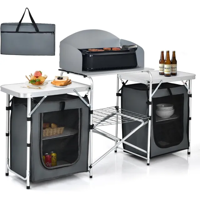 KOMFOTTEU Inklapbare camping- en picknicktafel van aluminium, inklapbare tafel voor buiten met 4 vakken, 2 zijzakken, windbescherming en draagtas, tuintafel, grijs