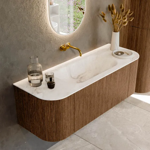 Mondiaz KURVE-DLUX 130 cm Onderkast Greeploos 1 Lade Met Deuren Walnut, Wastafel Solid Surface Midden Frappe 0 Kraangaten Zonder Spiegel (KRVBGS130L+R1L2D0KM-Wal/Fra)