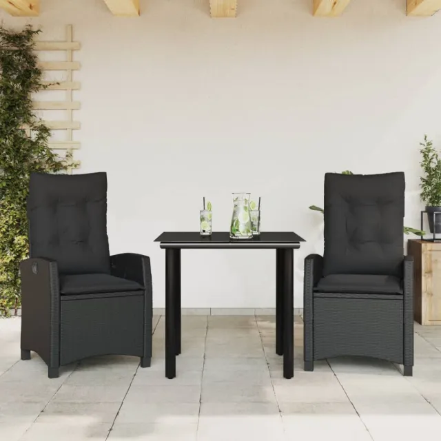 vidaXL 3-delige Tuinset met kussens poly rattan zwart, foto 2