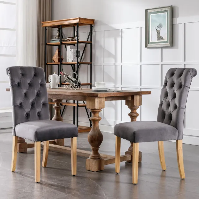 Merax Velvet Eetkamerstoelen - Set van 2 - Luxe Stoelen met Eikenhouten Poten - Knopen en Chromen Handgreep - Grijs