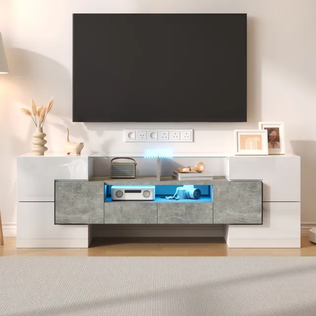 FloraGrace Tv Meubel - Hoogglans Met Led Verlichting En Veel Opbergruimte - Voor Woonkamer - Spaanplaat - Wit Beton - 145x30x51 Cm