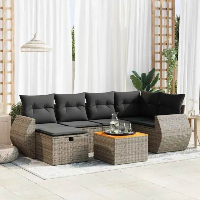 vidaXL 7-delige Loungeset met kussens poly rattan grijs, foto 2