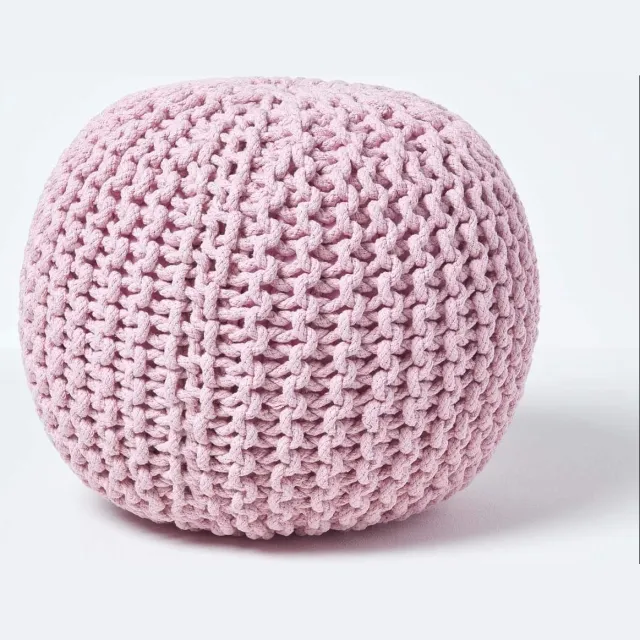 Unyqoos Poef gebreide poef, rond vloerkussen, zitpoef, 35 x 40 cm, gevoerde poef, poef met grof gebreide overtrek van 100% katoen, gebreide poef, roze/lichtroze