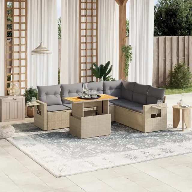 vidaXL 7-delige Loungeset met kussens poly rattan beige, foto 2