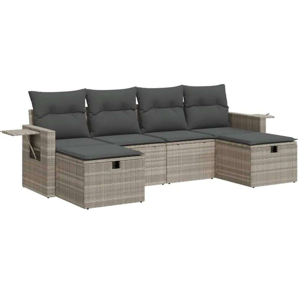 vidaXL 6-delige Loungeset met kussens poly rattan lichtgrijs grijs, foto 3