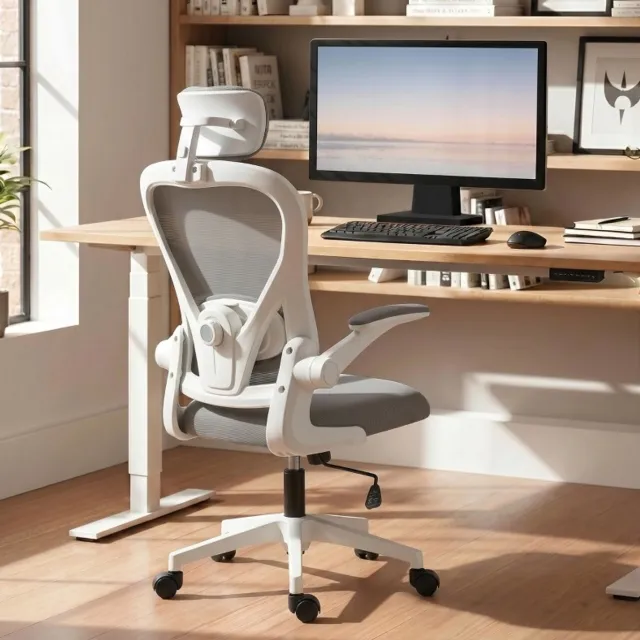 DESMIU Bureaustoel 63 Cm - Ergonomische Bureaustoel Met Hoofdsteun En Verstelbare Lendensteun - Voor Thuis En Kantoor - Mesh Grijs
