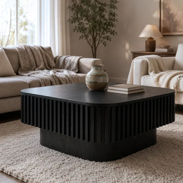 REDOM Salontafel - Verborgen opbergruimte - Afneembaar klapdeksel - Geribbelde structuur - Modern - Woonkamer - MDF en fineer - Zwart - 75 x 75 x 35 cm