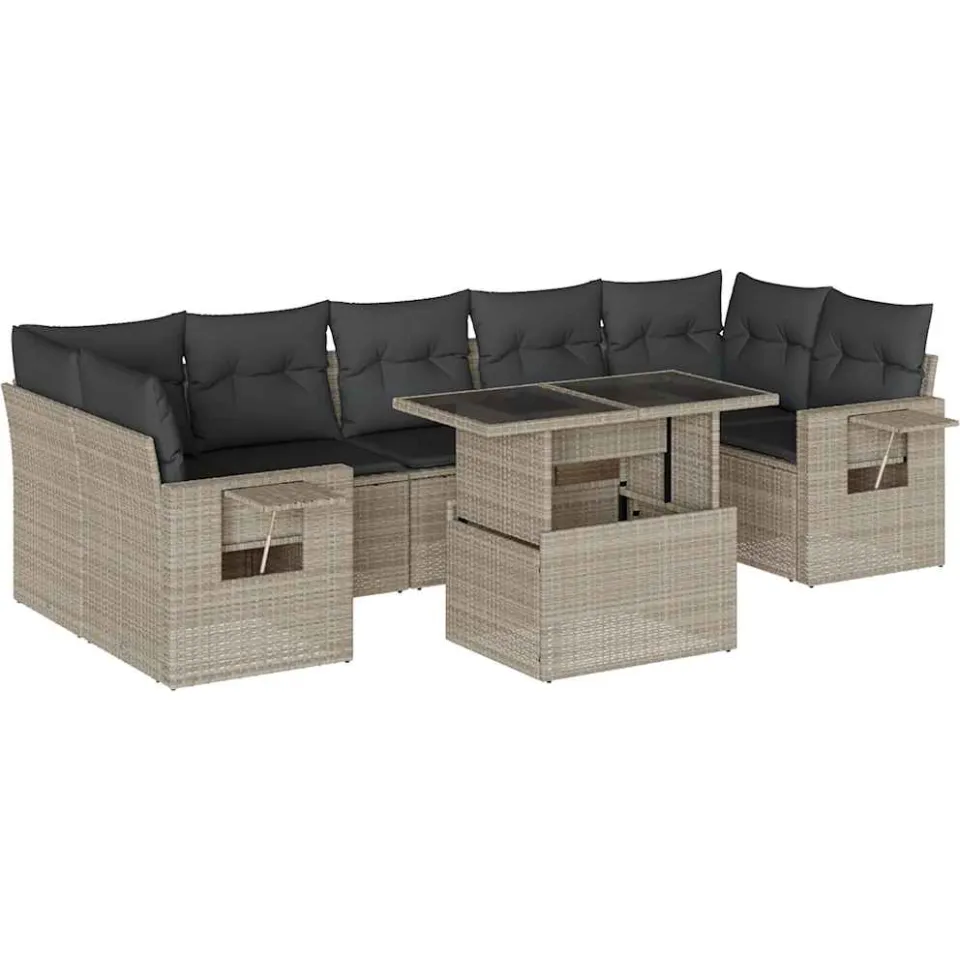 vidaXL 8-delige Loungeset met kussens poly rattan lichtgrijs grijs
