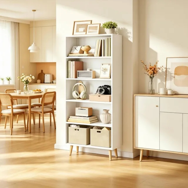 REDOM Boekenkast - Open kast met 5 vakken - Vrijstaand - Met achterwand - Scandinavische stijl - Woonkamer, slaapkamer, kantoor - E1 melamine en massief hout - Wit - 60 x 24 x 144 cm