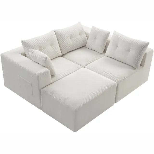 MIVRAY Hoekbank 254 x 92 x 82 cm - Modulair met Diepe Zit en Zijvak - Voor Woonkamer en Appartement - Geribbeld Ribfluweel - Wit