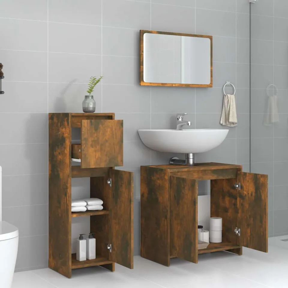 vidaXL 3-delige Badkamermeubelset bewerkt hout gerookt eikenkleurig, foto 3
