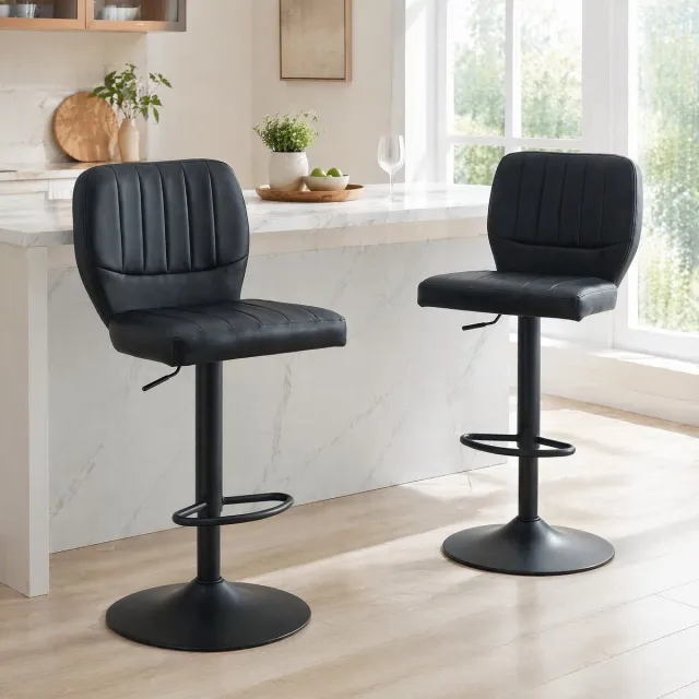 DESMIU Barkruk 52 x 45 x 93-114 cm - In Hoogte Verstelbaar En 360 Graden Draaibaar Met Rugleuning En Voetsteun - Voor Keuken En Bar - Kunstleer Zwart
