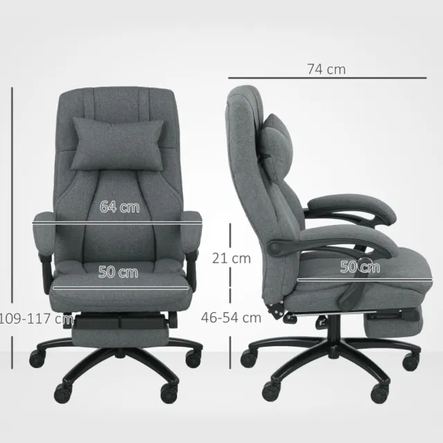 MEUNIQ massage bureaustoel met USB vibratiekussen, uitschuifbare voetsteun, 360° wielen en verstelbare zithoogte, ergonomische rugleuning, donkergrijs