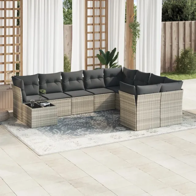vidaXL 10-delige Loungeset met kussens poly rattan lichtgrijs grijs, foto 2